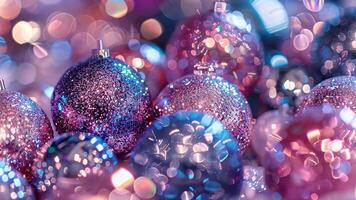 Sparkling festive ornaments with blurred bokeh and glittering lights video