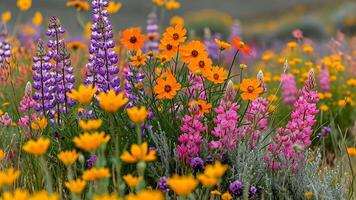 Vibrant wildflowers swaying in a breezy meadow under soft light video