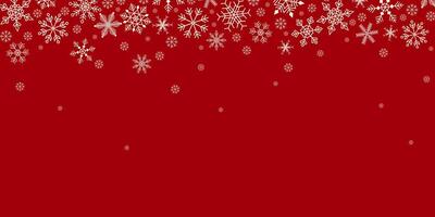 Rectangular red winter background with white geometric falling snowflakes and copy space. Flat illustration. For poster, banner, cover, placard. vector