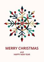 Merry Christmas celebration card with colorful section snowflake on white background. Flat illustration. Template for poster, cover, label, invitation. vector