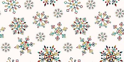 Festive winter seamless rectangular pattern with colorful snowflakes. Various geometric forms. For background, wallpaper, textile, packaging, backdrop. vector