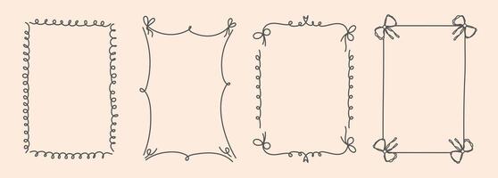 Hand Drawn frame set with doodle bows, ribbons. Vintage minimalist elements in trendy line art style. Whimsical line borders for birthday, wedding Invitations, christmas. Coquette bow set. illu vector