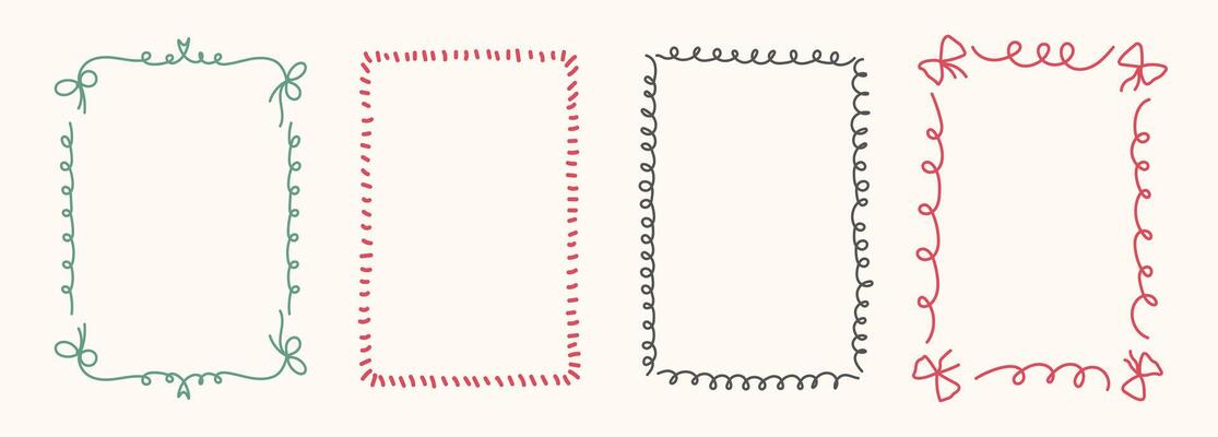 Hand Drawn frame set with doodle bows, ribbons. Coquette bow set. Whimsical line borders for birthday, christmas, wedding Invitations. Vintage minimalist elements in trendy line art style. illu
