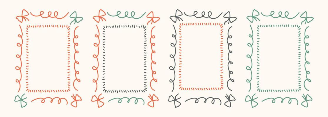 Hand Drawn frame set with doodle bows, ribbons. Whimsical line borders for birthday, christmas, wedding Invitations. Coquette bow set. Vintage minimalist elements in trendy line art style. illu