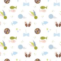 Pet toys seamless pattern, fish, ball, feather, skein of thread, slippers, pattern, pastel colors vector