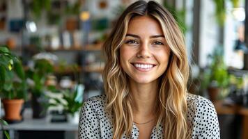 A woman with long hair smiles while sitting in a vibrant setting adorned with greenery video