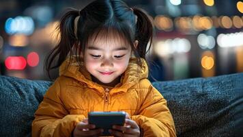 Young child smiles while using smartphone, surrounded by vibrant city lights during evening hours video