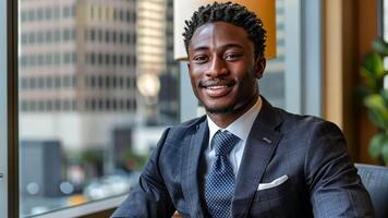 Young man smiles confidently while dressed in a sharp suit, showcasing a city skyline behind him video