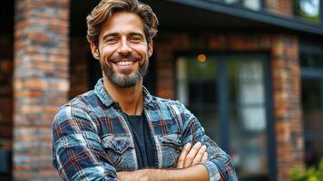 Man with a beard stands outside a stylish home, exuding confidence and friendliness in bright daylight video