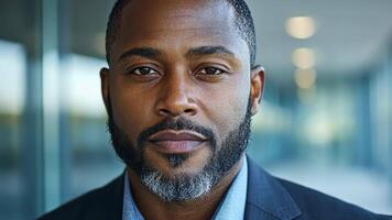A man with a well groomed beard stands confidently in a modern office environment with natural light video