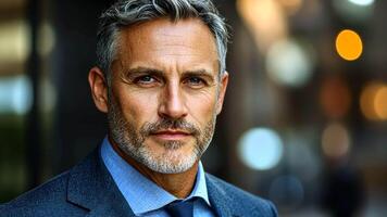 A well dressed man stands confidently against a backdrop of city lights with a focused expression video