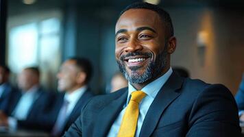 A man in a suit smiles confidently while attending a meeting with colleagues in a contemporary setting video