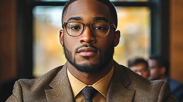 Young professional looks directly at the camera while enjoying a moment in a trendy cafe setting video