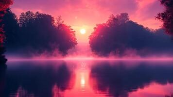 Stunning sunset creates a colorful reflection on the lake with trees surrounding the water and a gentle mist video