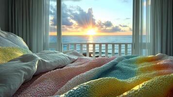 Beautiful sunlight shines on a bed with colorful blankets and an ocean view at sunrise video