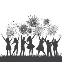 silhouette of a group of people holding sparklers, dancing under a sky on a white backround vector