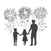 Silhouette of a family standing together, watching fireworks and holding hands on a white background vector