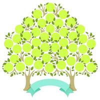 Retro green genealogical tree with photo frames and ribbons for inscriptions consists of two trees that merge into one vector