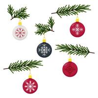Set of Christmas round balls hanging on a green tree branch vector