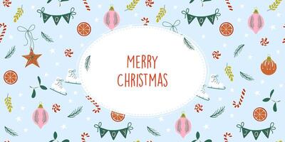 Happy Holidays concept. Cute vintage Christmas background with frame for text or photo. Merry Christmas card or banner with festive pattern. Hand drawn flat design illustration. vector