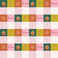 Happy holidays geometric background. Seamless pattern with cute Christmas elements on checkerboard backdrop. Square Winter holiday banner. Retro design Xmas print. Flat style illustration. vector