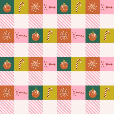 Happy holidays geometric background. Seamless pattern with cute Christmas elements on checkerboard backdrop. Square Winter holiday banner. Retro design Xmas print. Flat style illustration.
