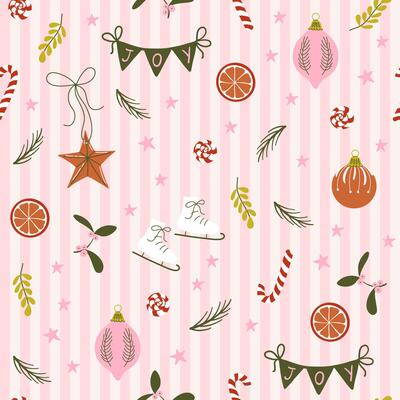 Happy holidays seamless pattern. Christmas ornament on striped retro backdrop. Cute Xmas symbols. Hand drawn flat design illustration.