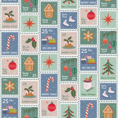 Cute Christmas postage stamps background. Vintage Xmas seamless pattern. Winter holidays print for fabric, wrapping paper, textile. Hand drawn flat design illustration.