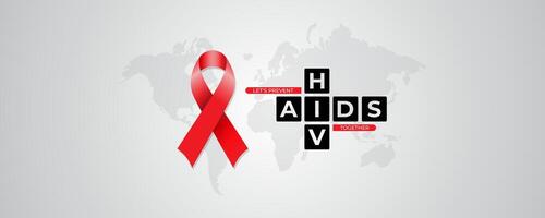 HIV aids prevention in red ribbon with world map for HIV day, health important banner background template vector