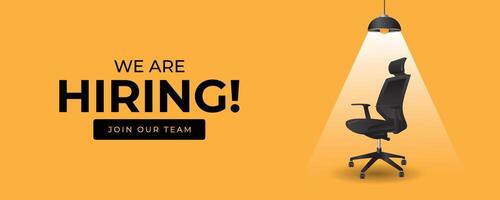 we are hiring and join with team in office chair under spot light in yellow background banner template vector