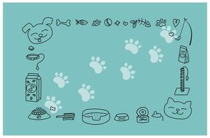 Frame Pet products. Animal linear icons drawings, doodle background for print design. Postcard with place for text. Promotion concept, sale of goods in pet store. vector