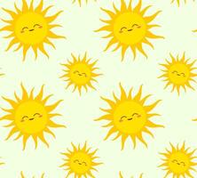 Playful seamless pattern featuring smiling suns with a cartoonish aesthetic. Cheerfulness and optimism. Flat, Minimalist style emphasizes simplicity and charm. Whimsical and friendly. Uplifting vibe. vector