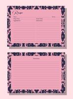 Kitchen organizing printable for new year. Recipe card templates with a soft pink background. Feminine and elegant design. Decorative borders tribal or ethnic-inspired pattern. Culinary enthusiasts. vector