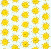 Seamless pattern featuring bright yellow smiling suns against a soft light blue background. Simple cartoon-like shapes of suns rays create a cheerful and playful design. Light hearted vibes motifs. vector