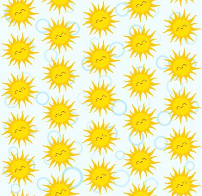 Seamless pattern featuring bright yellow smiling suns against a soft light blue background. Simple cartoon-like shapes of suns rays create a cheerful and playful design. Light hearted vibes motifs.