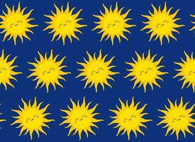 Seamless pattern featuring bright yellow smiling suns on a dark blue background. Simple, cartoon-like shapes of suns with rays create a playful and cheerful design. Joyful ambiance, new beginning. vector