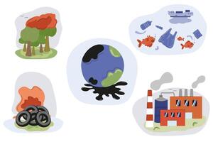 Environmental issues depicted through illustrations of pollution and destruction vector