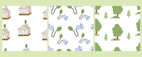 Patterns featuring houses, plugs, and trees in a vibrant design vector