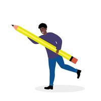 Person carrying a giant yellow pencil with a cheerful expression in a playful setting vector