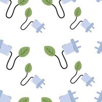 Pattern of electrical plugs intertwined with green leaves on a white background vector