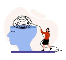 Helping to untangle thoughts represented by a woman with a blue head silhouette vector