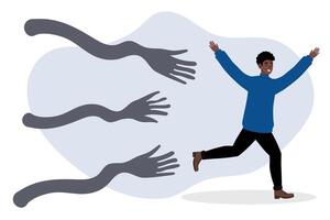 Person escaping from shadowy hands in a stylized illustration of fear and anxiety vector