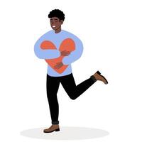 Man holding a large heart symbol expresses joy and love while running vector