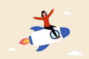 Woman joyfully riding a rocket against a light background with clouds vector