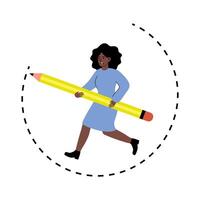 Woman joyfully running with a large yellow pencil in a creative and playful manner vector