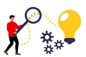 Creative individual using a magnifying glass to explore innovative ideas with gears and light bulb vector