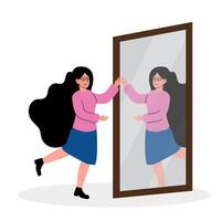 Woman running towards a mirror with long hair and glasses in a simple setting vector