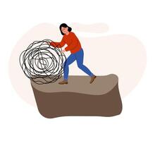 Woman creatively untangling a messy thread while standing on a rock formation vector