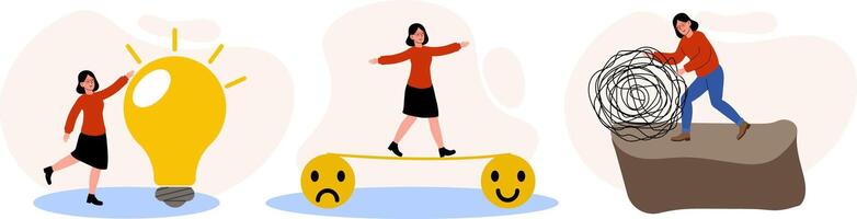 Person balancing on a bar with a light bulb and tangled wire in a creative representation of ideas vector
