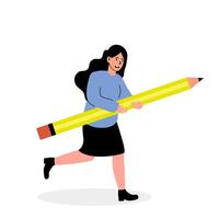 Person joyfully running while holding a large yellow pencil in a creative environment vector